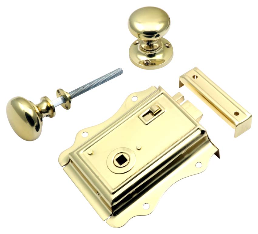 Polished Brass Fancy Rim Latch and Mushroom Knobs