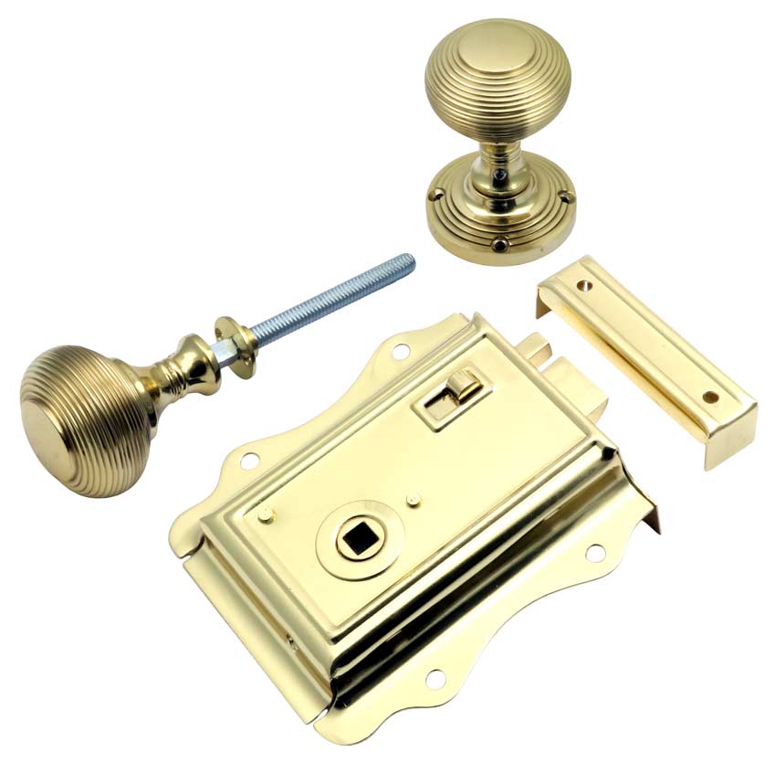 Polished Brass Fancy Rim Latch with Reeded Knobs