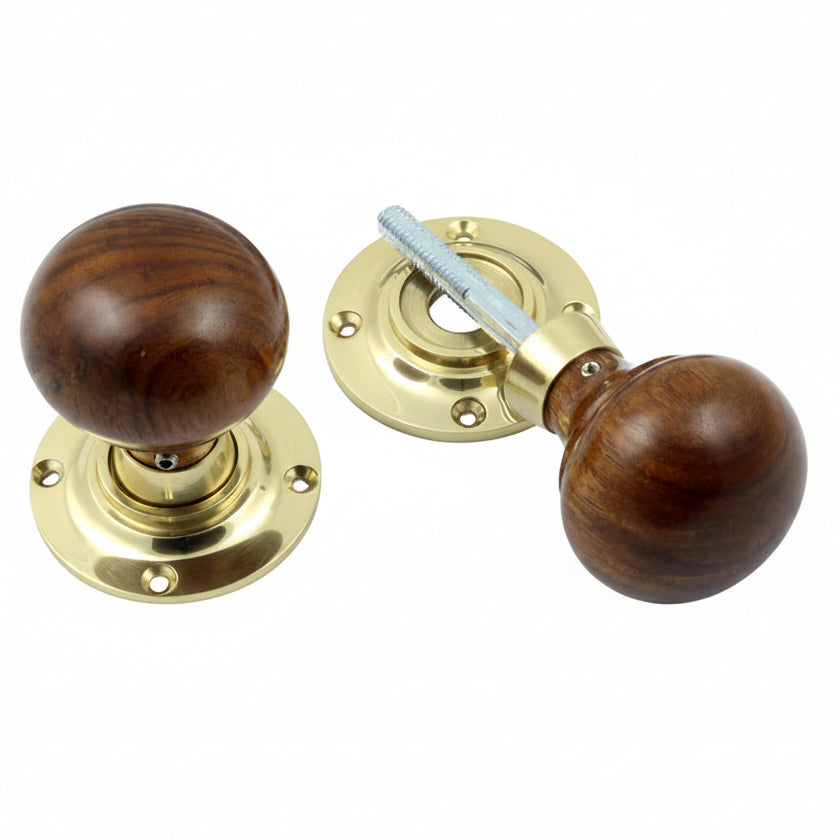 Polished Brass and Rosewood Mushroom Door Knobs