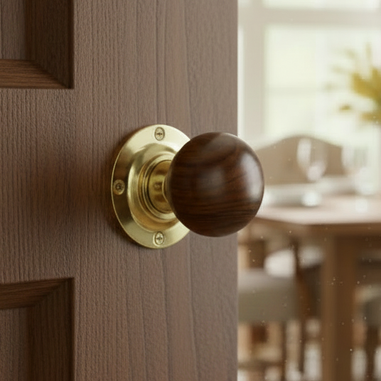 Polished Brass and Rosewood Mushroom Door Knobs