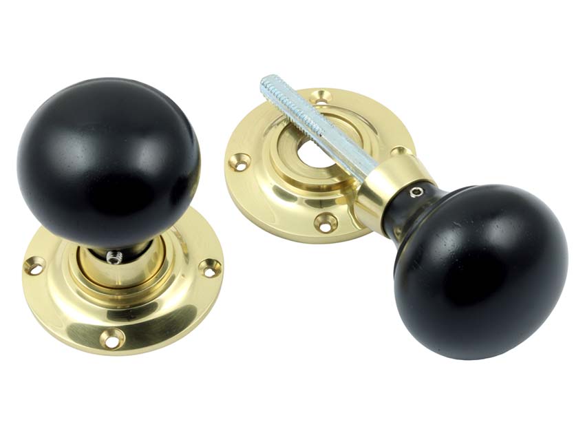 Polished Brass and Black Ebony Mushroom Door Knobs