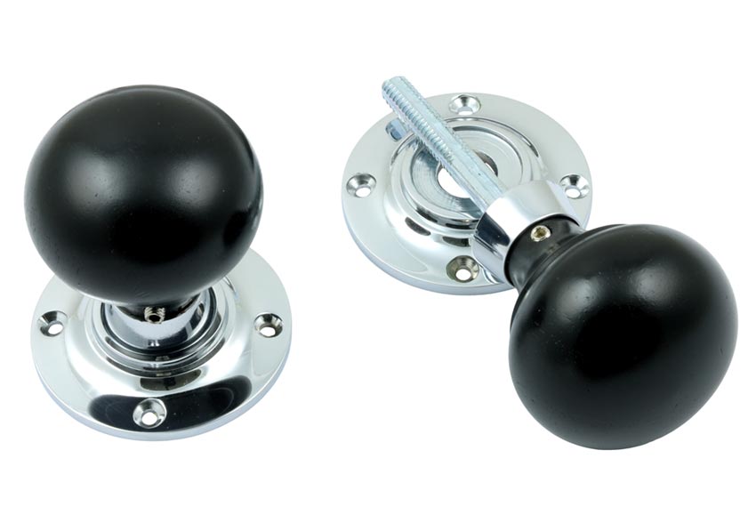 Polished Chrome and Black Ebony Mushroom Door Knobs