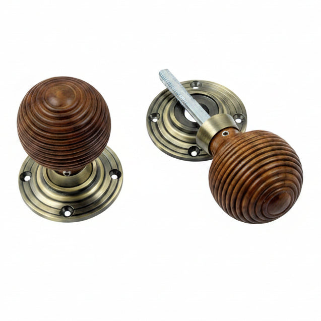 Antique Brass and Rosewood Reeded Door Knobs