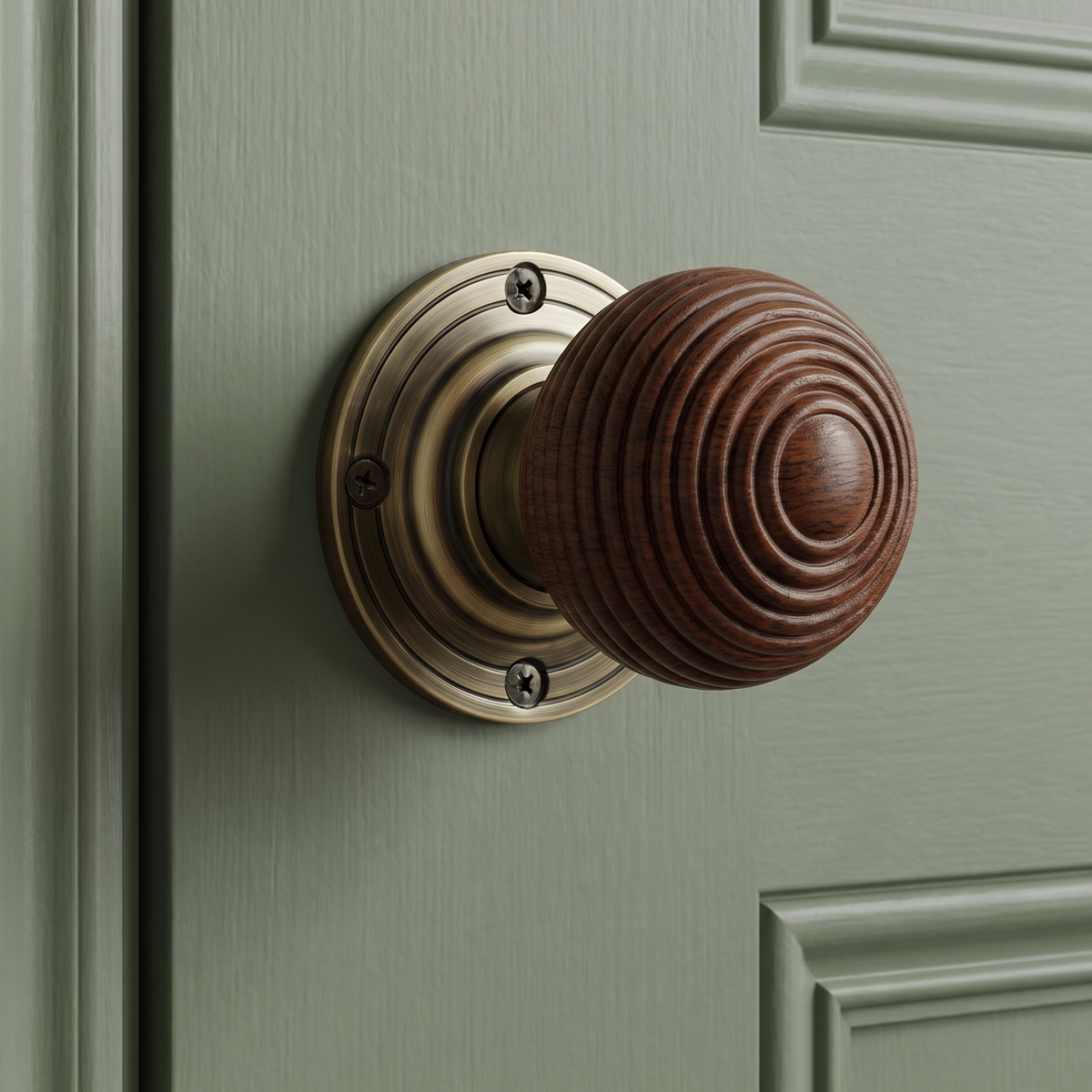 Antique Brass and Rosewood Reeded Door Knobs