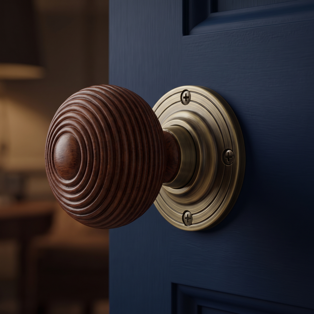 Antique Brass and Rosewood Reeded Door Knobs