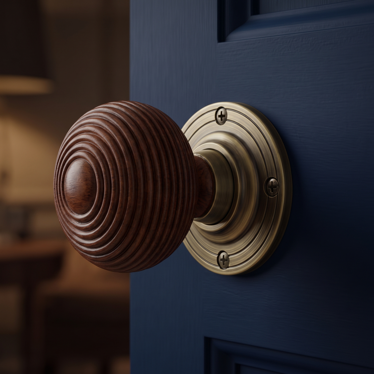 Antique Brass and Rosewood Reeded Door Knobs