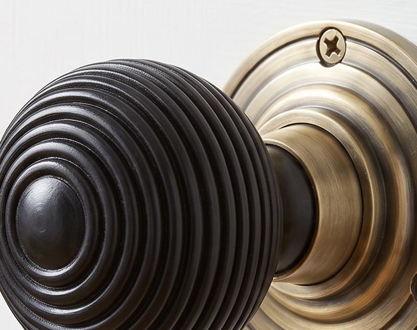 Antique Brass and Black Ebony Reeded Door Knobs