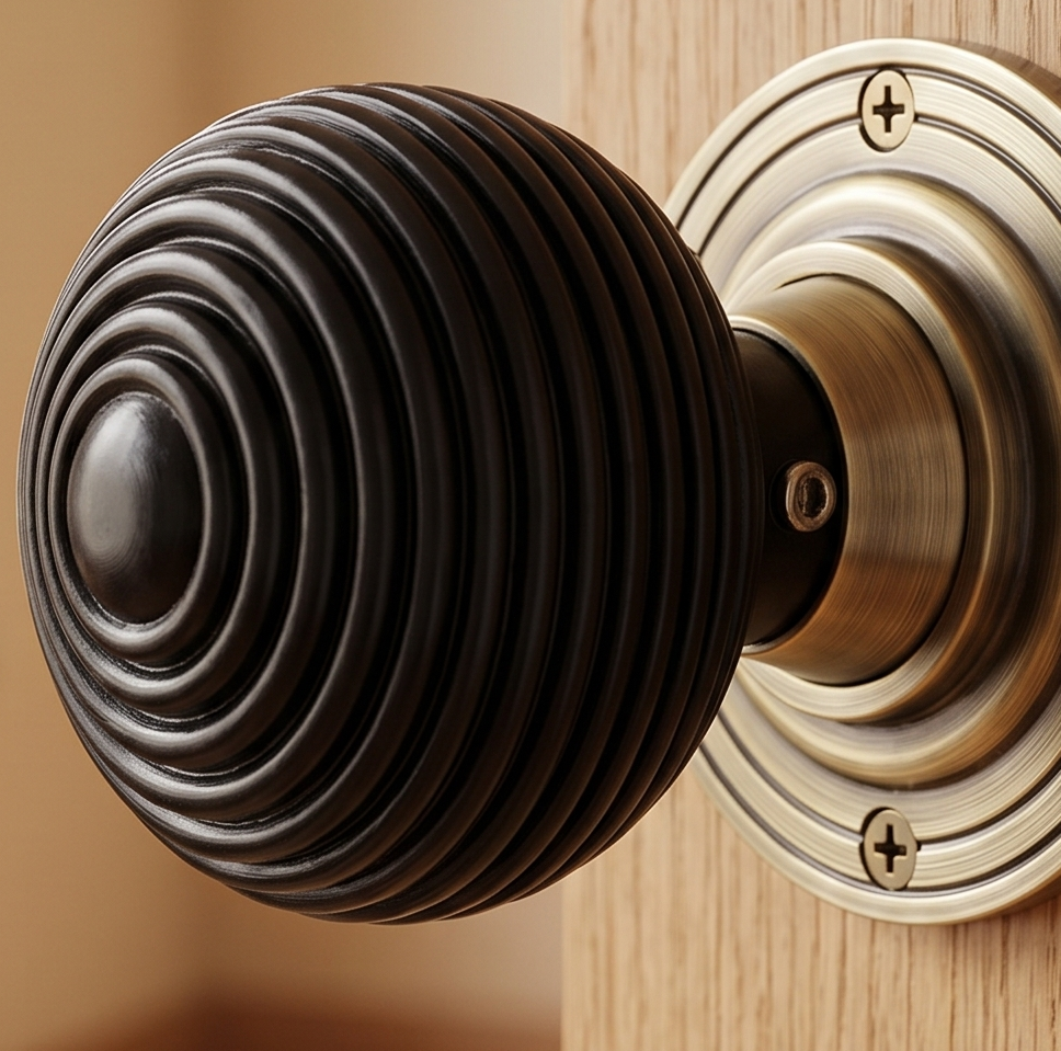 Antique Brass and Black Ebony Reeded Door Knobs