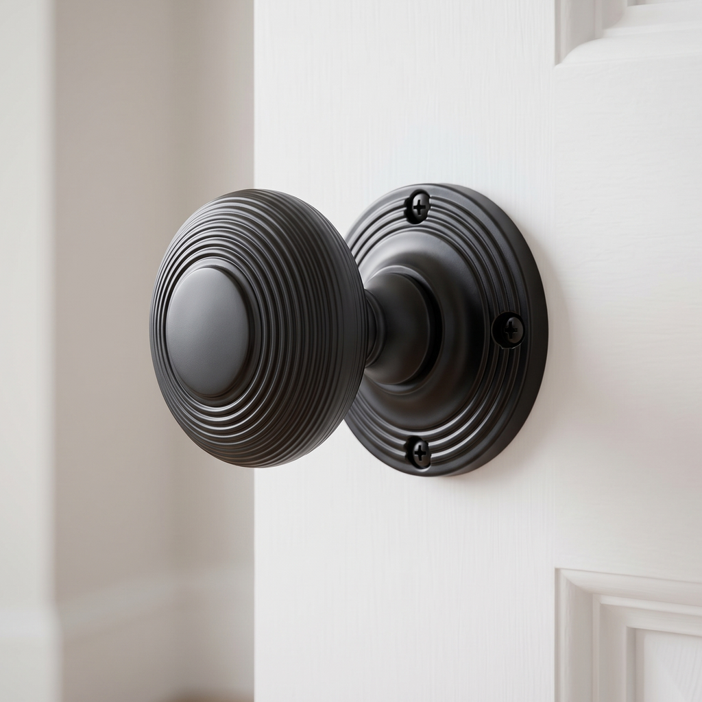 Matt Black Reeded Mortice Door Knobs 60mm