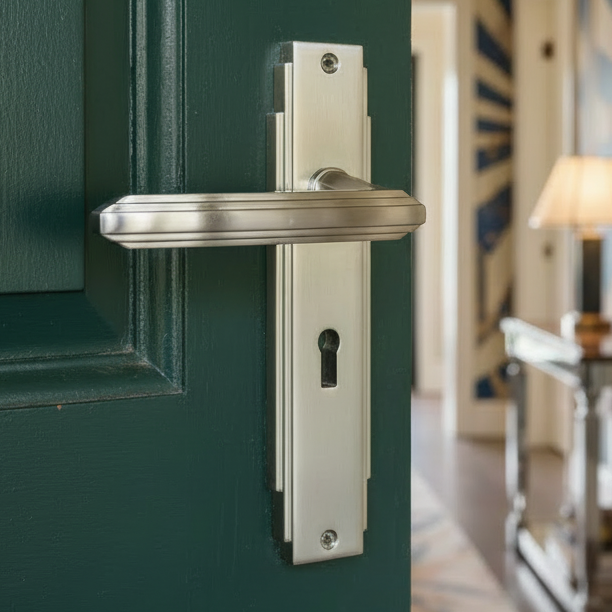 Satin Nickel Art Deco Lock Door Handles