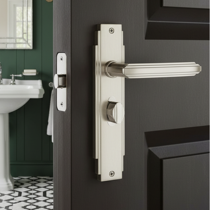 Satin Nickel Art Deco Bathroom Door Handles