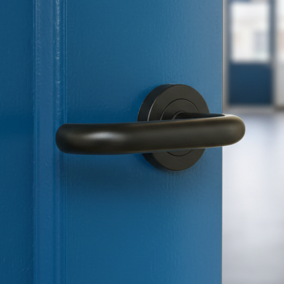 Nero JMB13 Matt Black Orbit Lever on Rose Door Handles