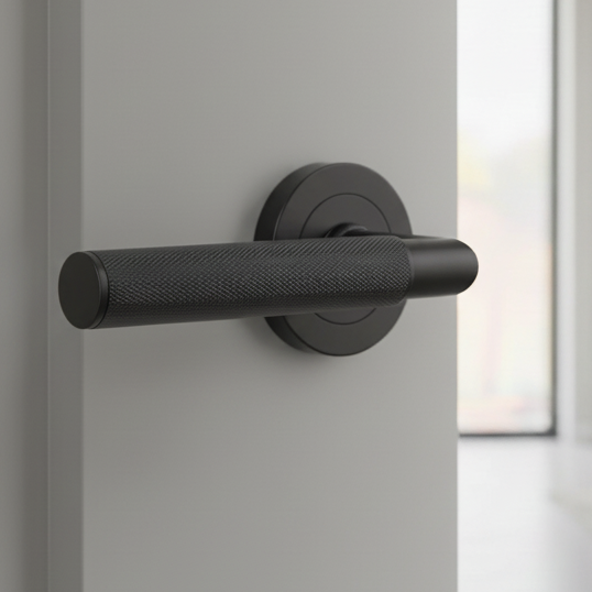 Nero JMB400 Matt Black Mitred Knurled Lever on Rose Handles