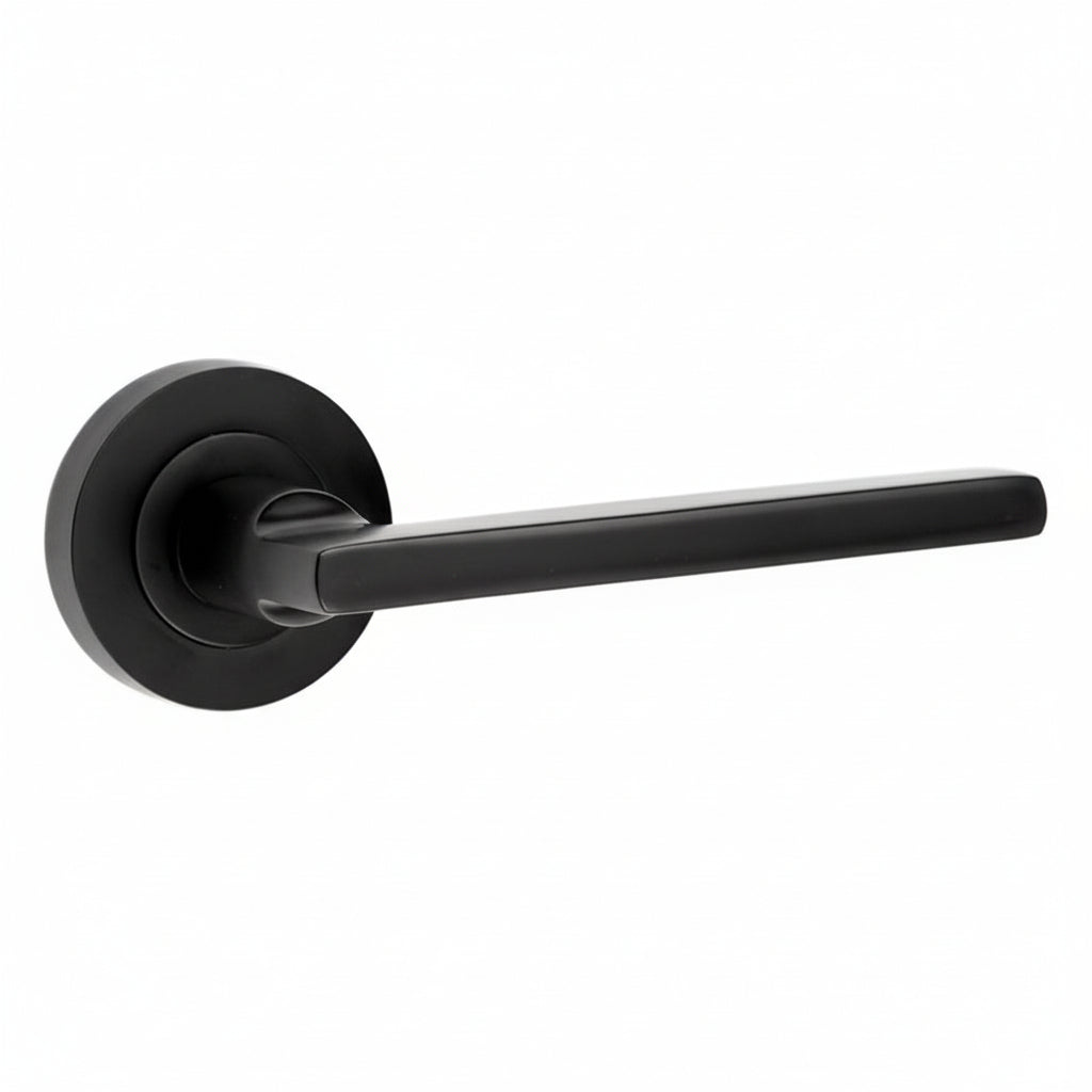 Jedo JV600 Matt Black Jet Lever on Rose Door Handles