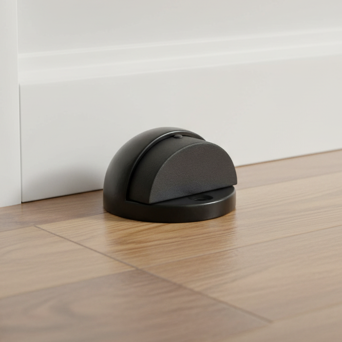 Matt black oval door stop screwed to an oak floor in front of white skirting