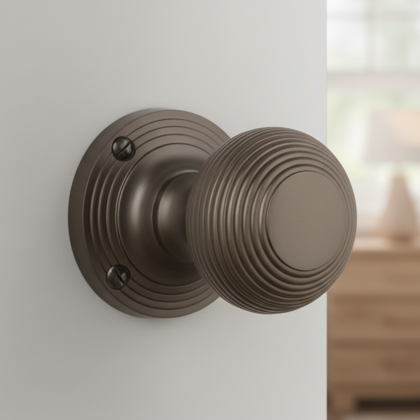 Matt Bronze Reeded Mortice Door Knobs 60mm