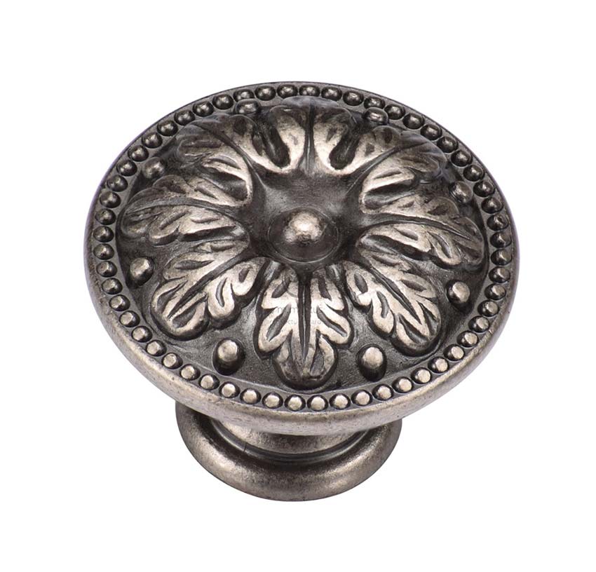Distressed Pewter Classical Floral Cabinet Knob