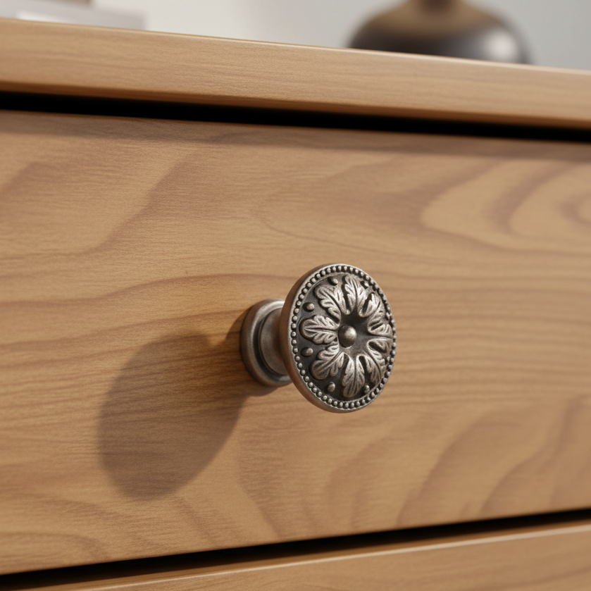 Distressed Pewter Classical Floral Cabinet Knob