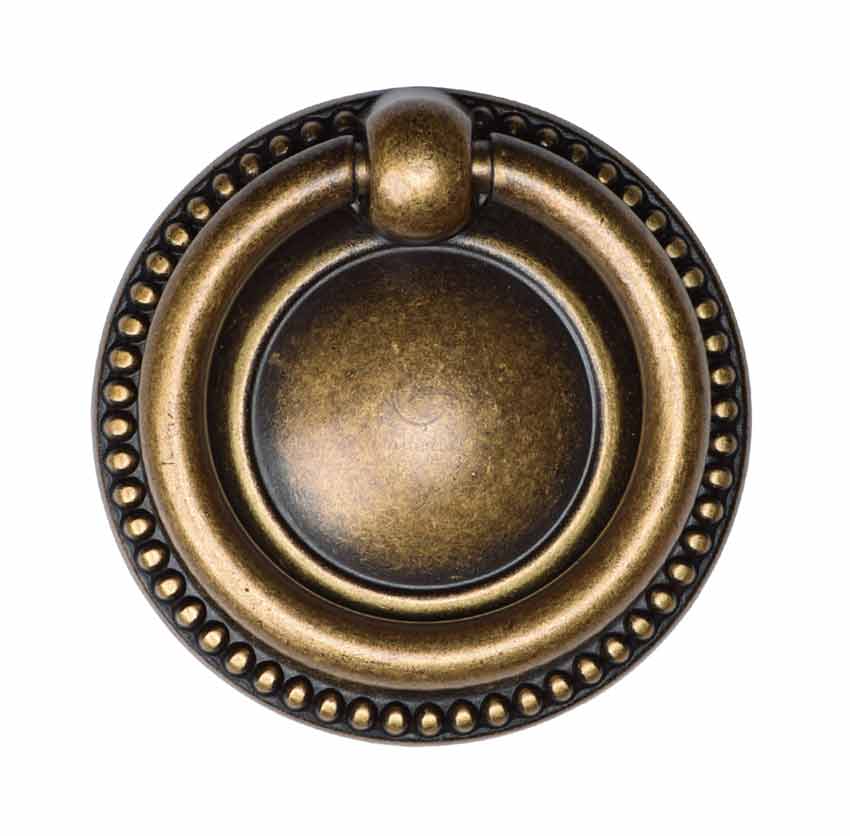 Distressed Brass Beaded Ring Cabinet Pull 50mm