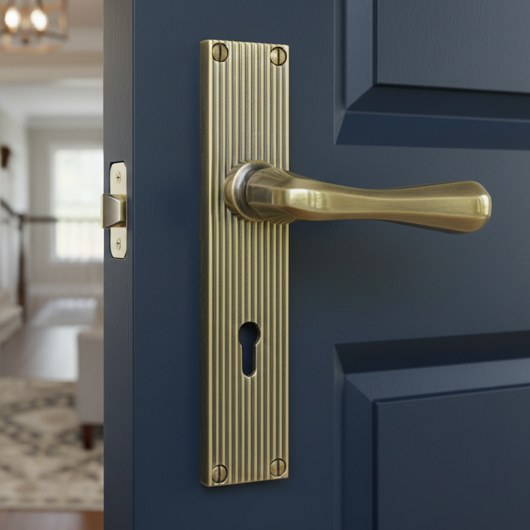 Charlbury Reeded Antique Brass Keyhole Door Handles RR3000