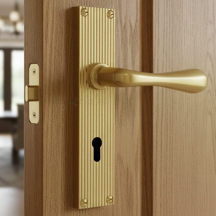 Charlbury Reeded Satin Brass Keyhole Door Handles RR3000