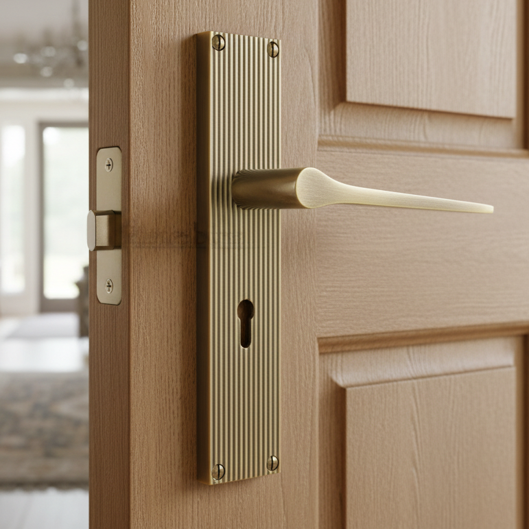 Gio Reeded Antique Brass Keyhole Door Handles RR4700