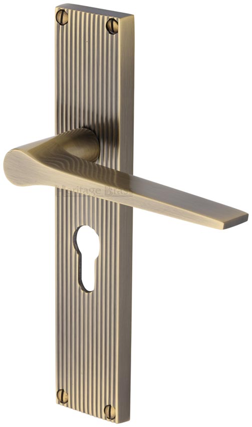 Gio Reeded Antique Brass Euro Door Handles RR4748