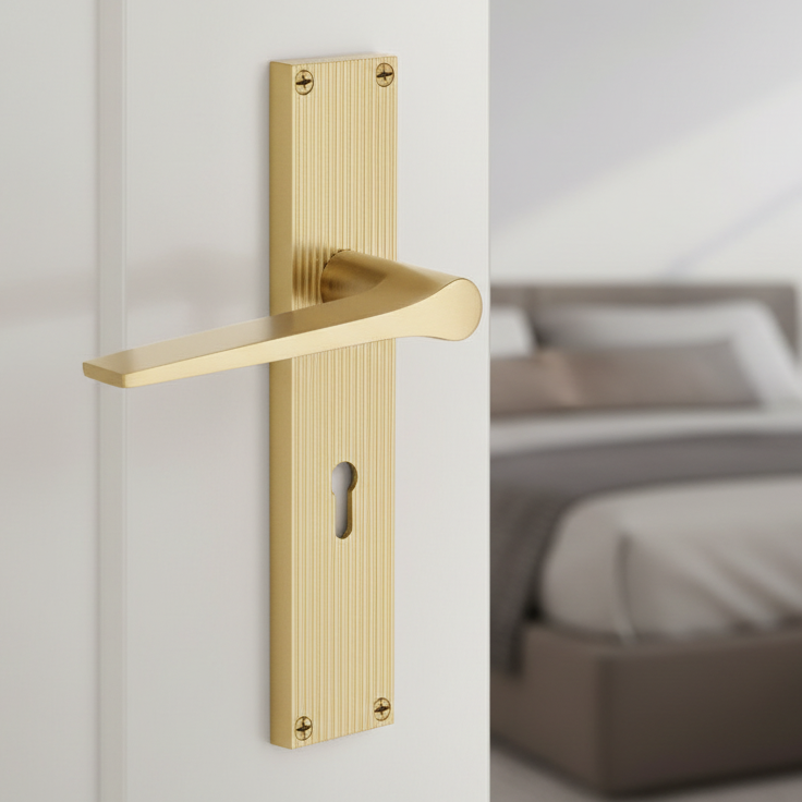 Gio Reeded Satin Brass Keyhole Door Handles RR4700