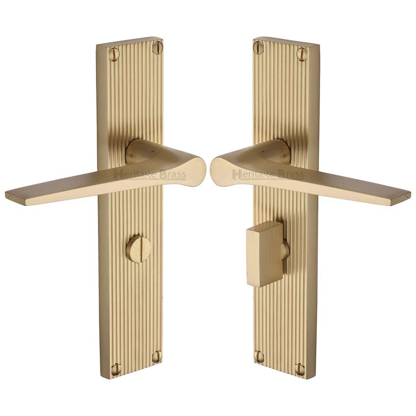 Gio Reeded Satin Brass Bathroom Door Handles RR4730