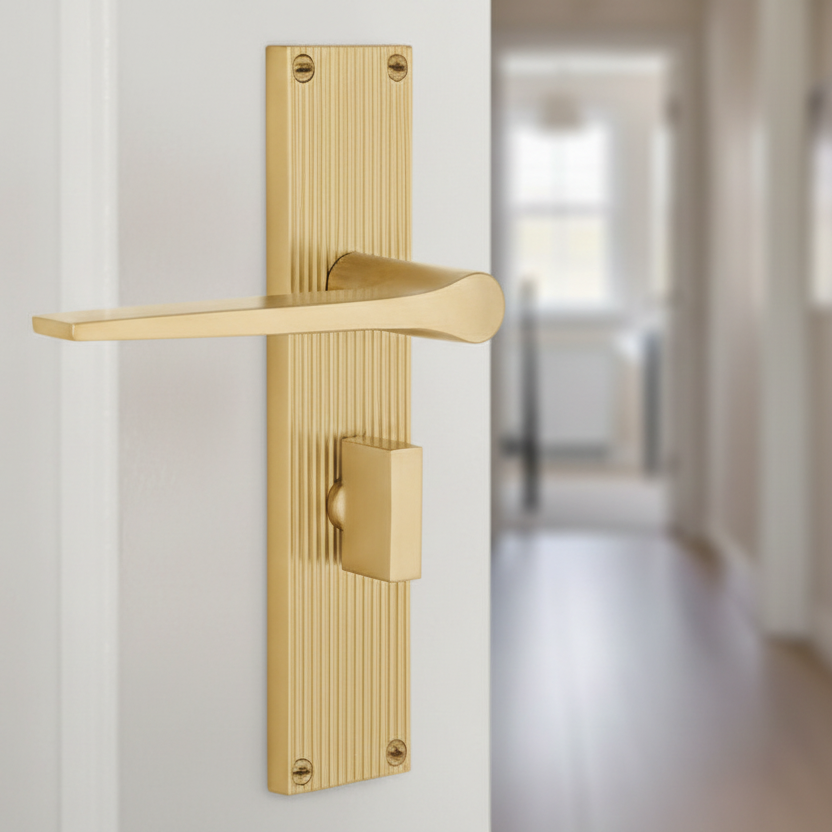 Gio Reeded Satin Brass Bathroom Door Handles RR4730