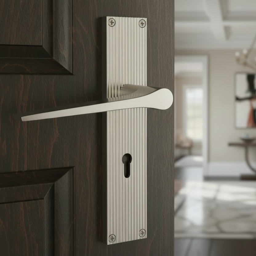 Gio Reeded Satin Nickel Keyhole Door Handles RR4700