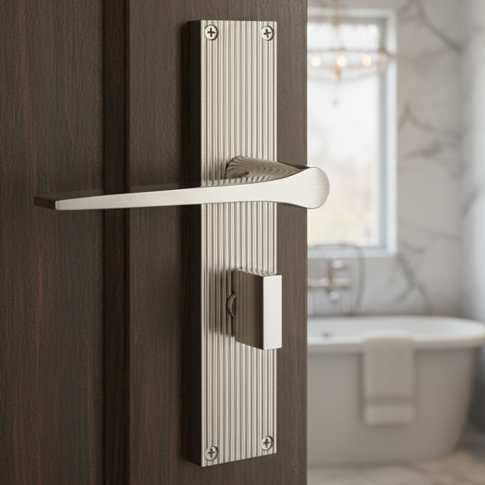 Gio Reeded Satin Nickel Bathroom Door Handles RR4730