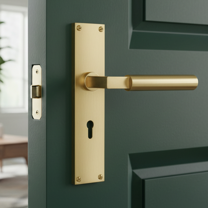 Heritage VT6300 Satin Brass Bauhaus Lock Handles