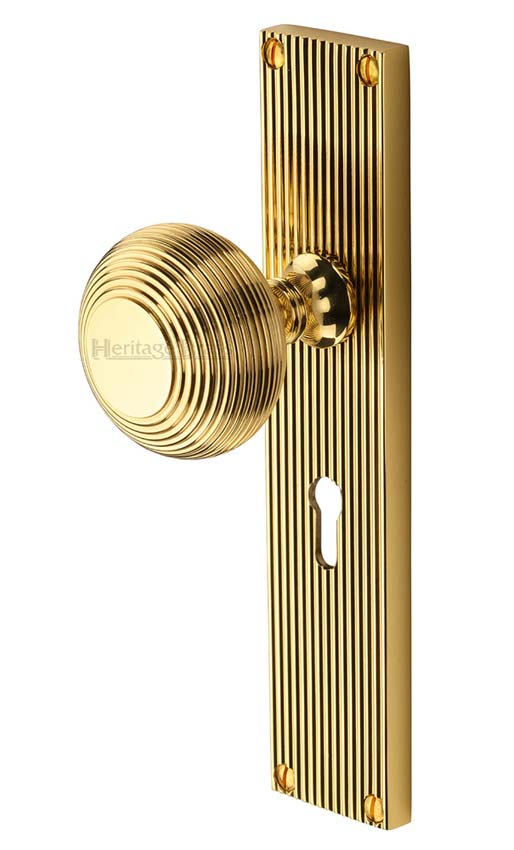 Polished Brass Beehive Mortice Knob on Lock Plate V9500-PB