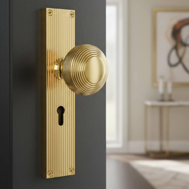 Polished Brass Beehive Mortice Knob on Lock Plate V9500-PB