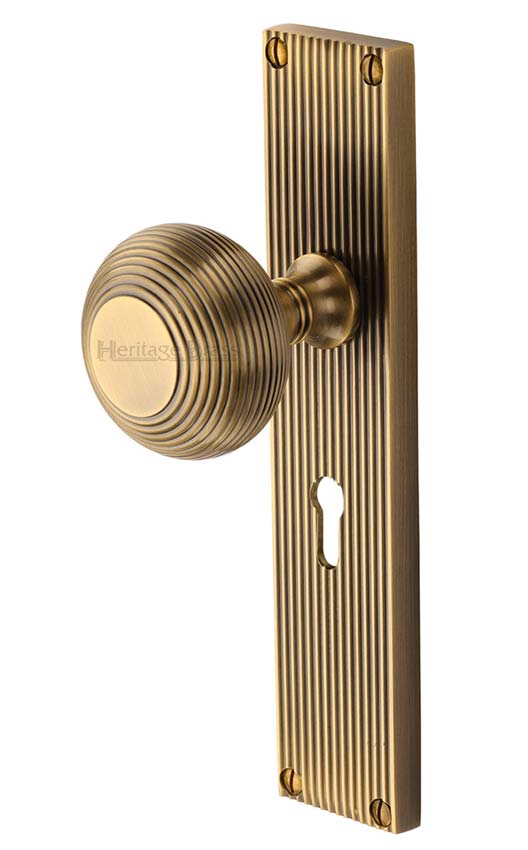 Antique Brass Beehive Mortice Knob on Lock Plate V9500-AT