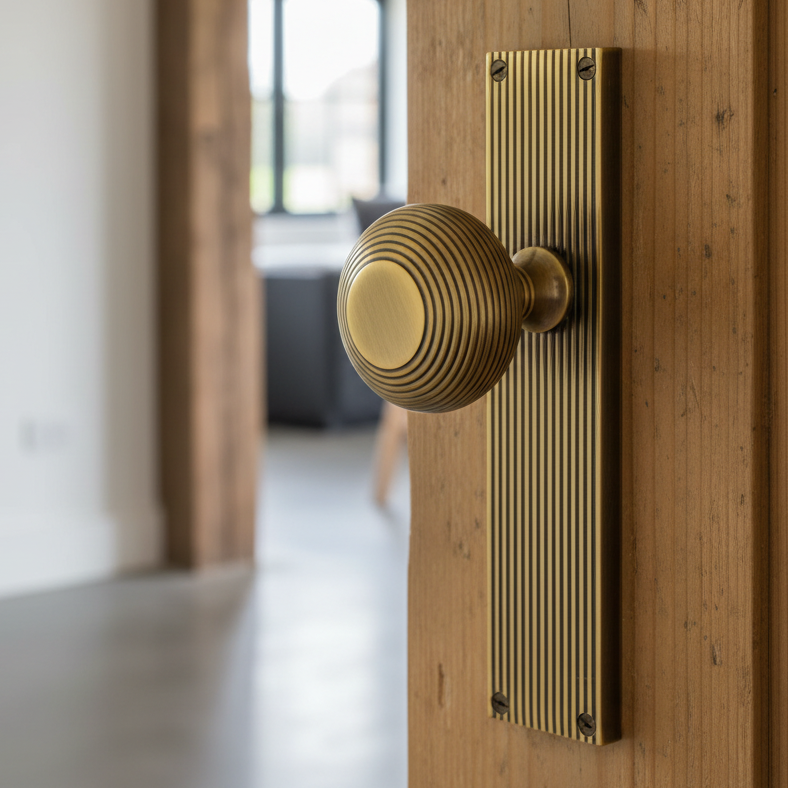 Antique Brass Beehive Mortice Knob on Latch Plate V9510-AT