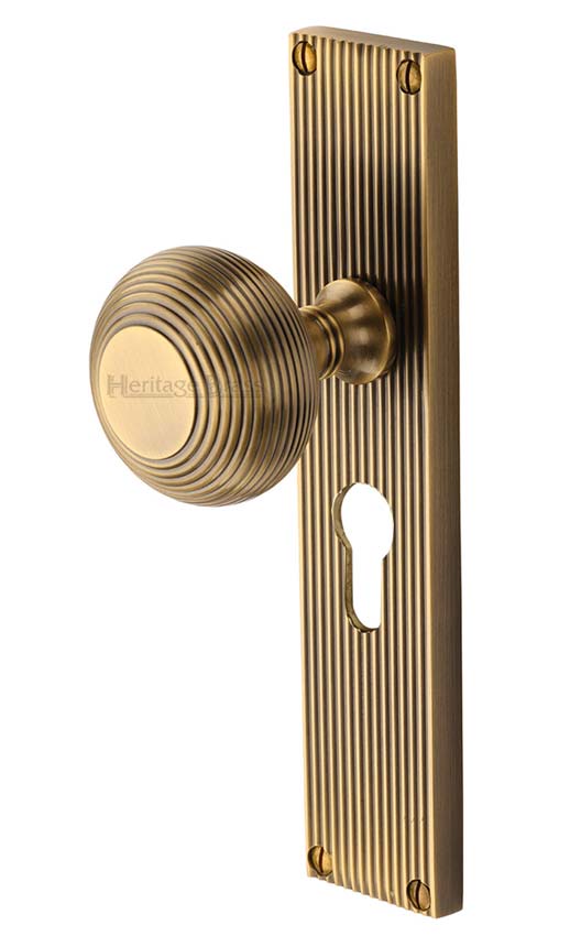 Antique Brass Beehive Mortice Knob on Euro Plate V9548-AT