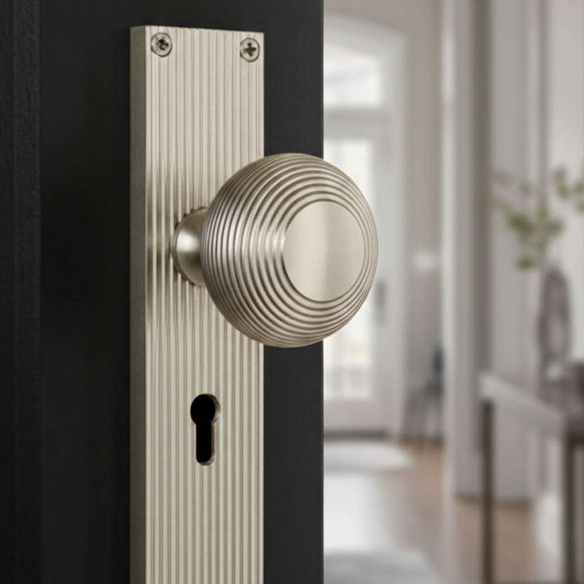 Satin Nickel Beehive Mortice Knob on Lock Plate V9500-SN