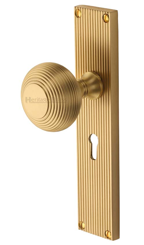 Satin Brass Beehive Mortice Knob on Lock Plate V9500-SB