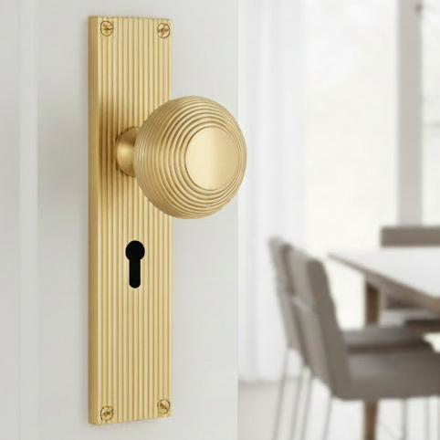 Satin Brass Beehive Mortice Knob on Lock Plate V9500-SB