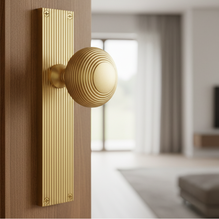 Satin Brass Beehive Mortice Knob on Latch Plate V9510-SB