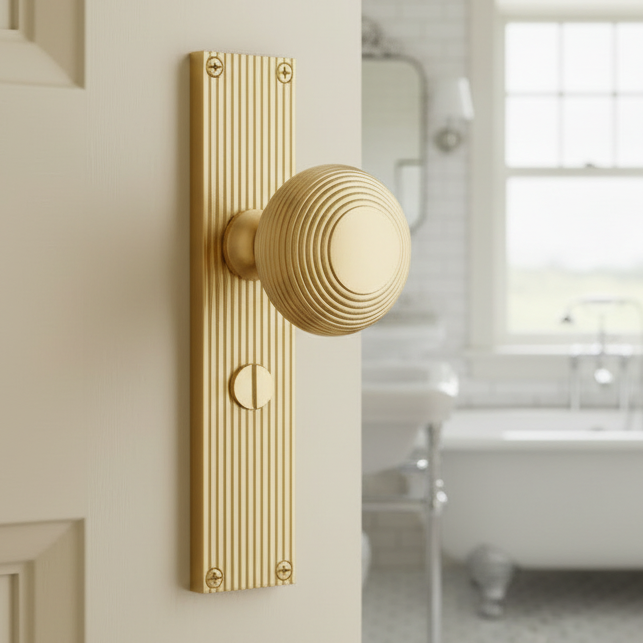 Satin Brass Beehive Mortice Knob on Bathroom Plate V9530-SB