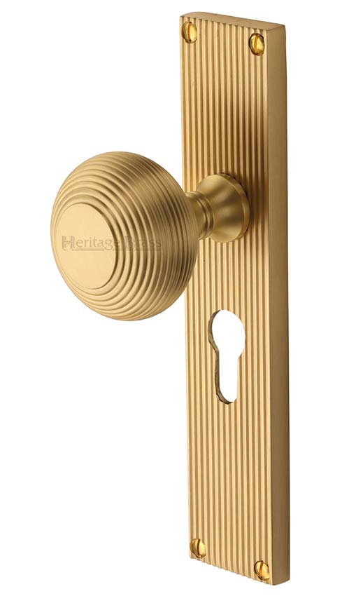 Satin Brass Beehive Mortice Knob on Euro Plate V9548-SB