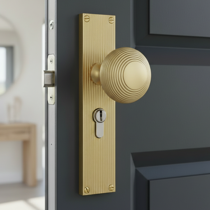 Satin Brass Beehive Mortice Knob on Euro Plate V9548-SB