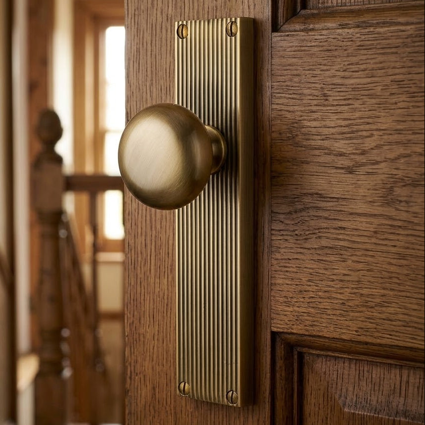 Antique Brass Victoria Knob on Reeded Latch Plate V9210-AT