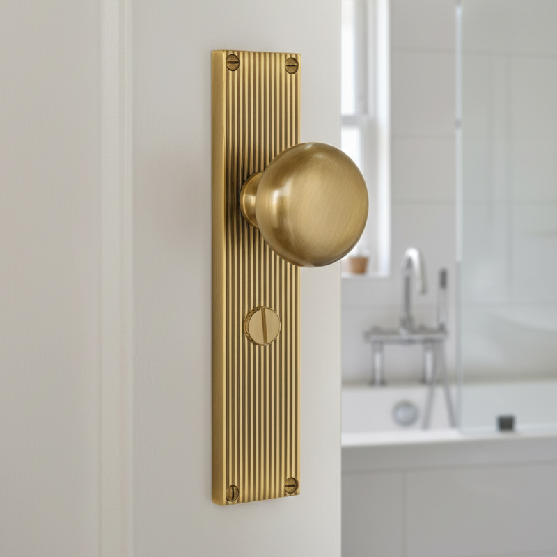 Antique Brass Victoria Knob on Reeded Bathroom Plate V9230-AT