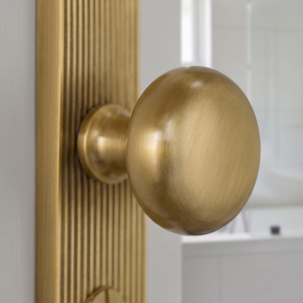 Antique Brass Victoria Knob on Reeded Bathroom Plate V9230-AT