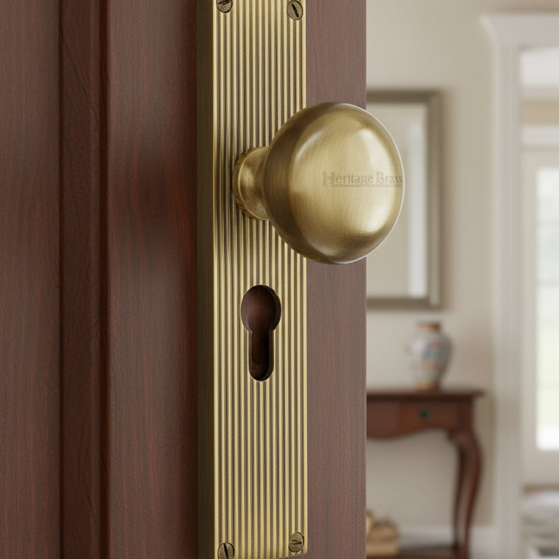 Antique Brass Victoria Mortice Knob on Reeded Euro Plate V9248-AT