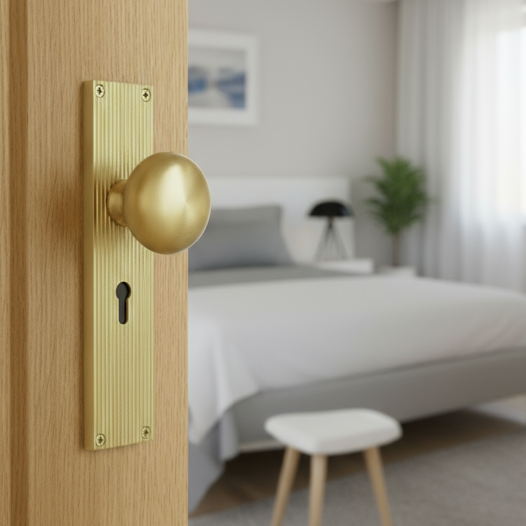 Satin Brass Victoria Knob on Reeded Lock Plate V9200-SB